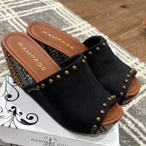 Rampage Black Studded Mules with Patterned Heel